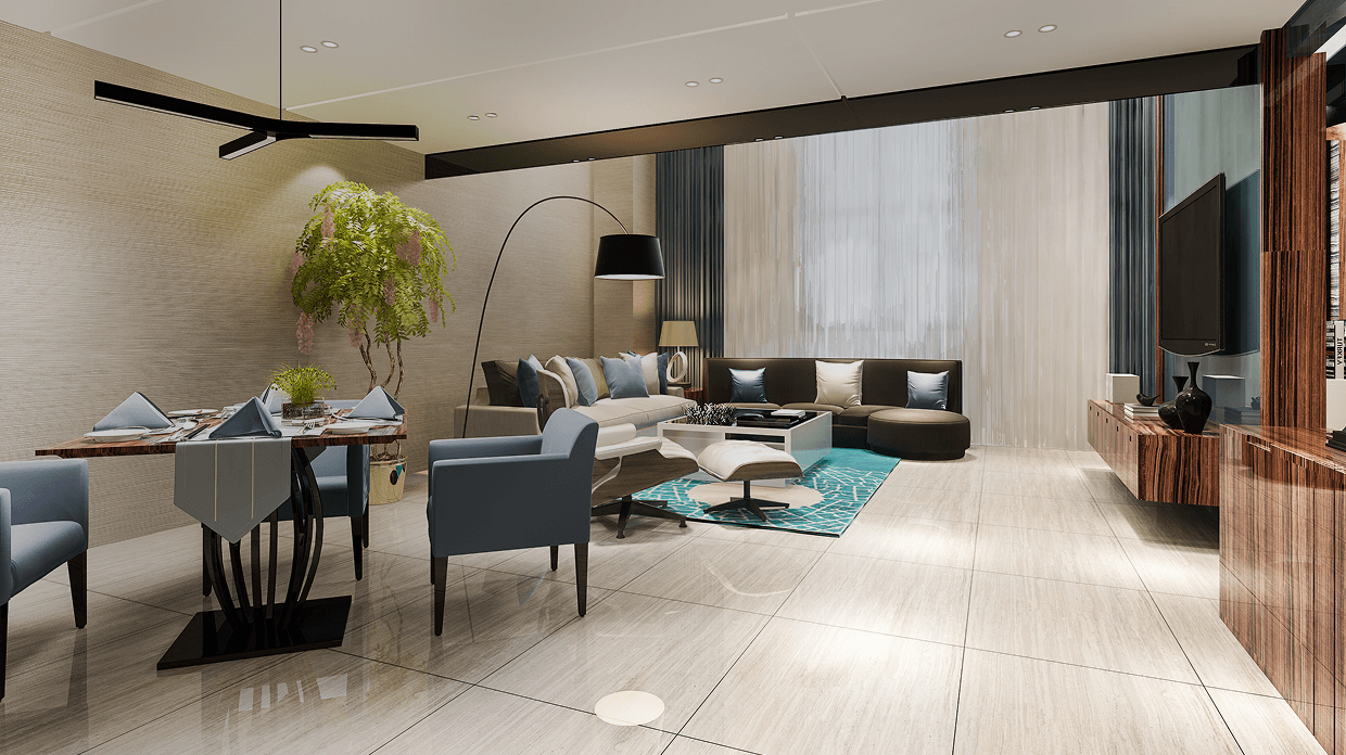 A refined luxury suite with warm neutral furnishings