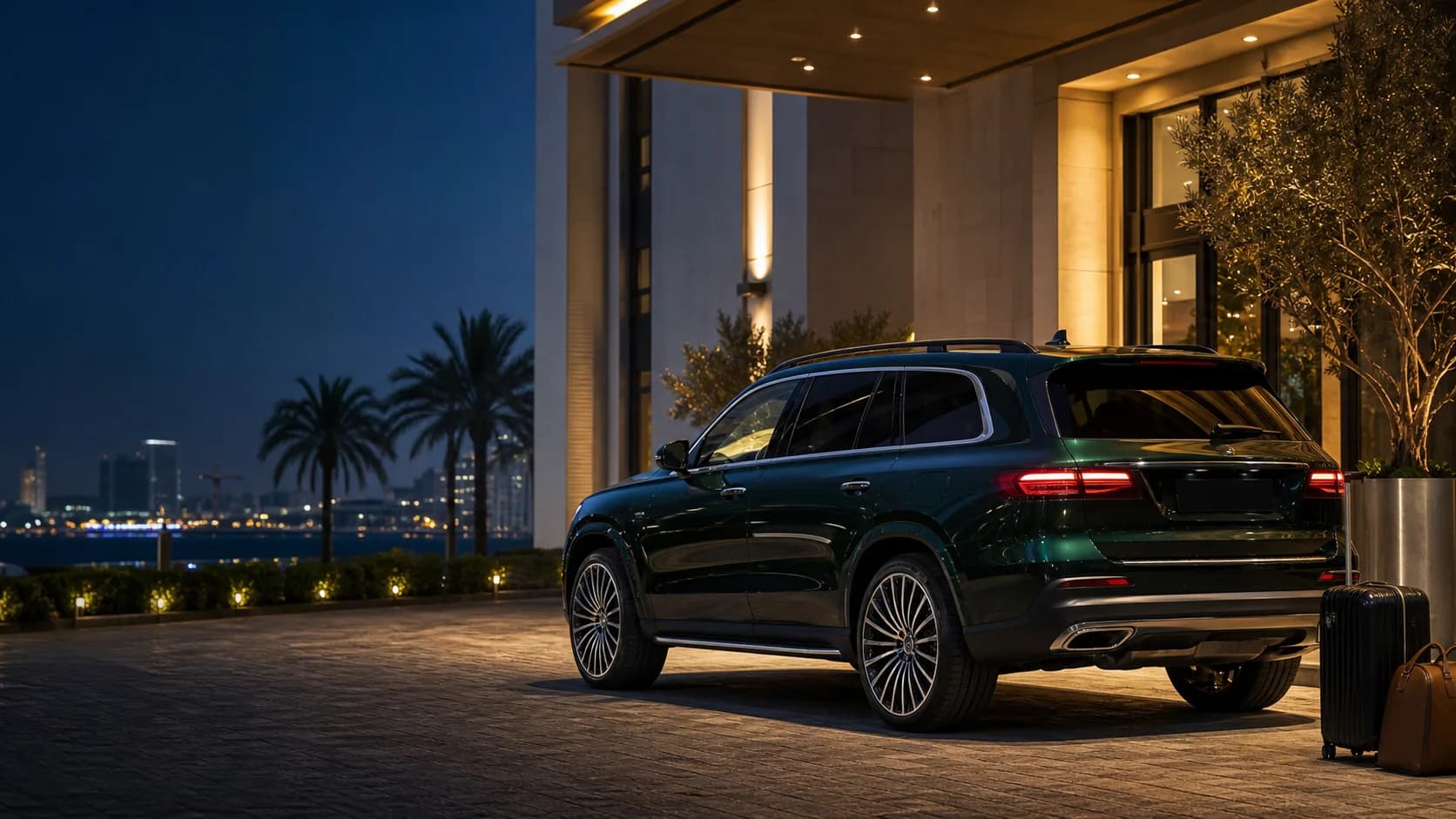 Premium vehicle at a refined coastal-city arrival